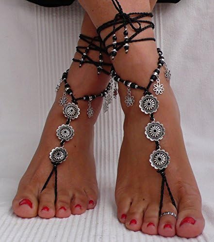 Crochet Barefoot Sandals Silver Flower Black Hippie Chic Foot jewerly