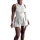 MESLIMA Short Sets for Women Sexy 2 Piece Outfits Solid Sleeveless Crop Tops Fringe Shorts Sets Party Jumpsuits