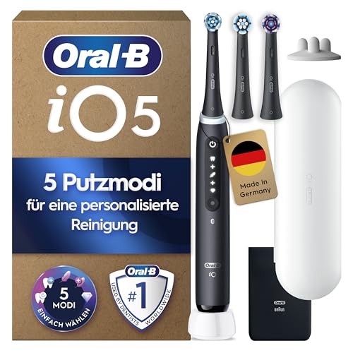 Oral-B iO Series 5 Plus Edition Elektrische Zahnbürste — Electric Toothbrush, Inkl. 3 Aufsteckbürsten und Reise-Etui — 5 Putzmodi für Zahnpflege, Zahnbürste Elektrisch, Designed by Braun, Schwarz