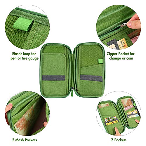UBAYMAX Glove Box Console Organizer with 12 Pockets, Zipper Car Vehicle OCD Document Holder Case Armrest Storage Wallet for Owners Manual Car Registration Insurance Card Tire Gauge Changes (Green) - Thumbnail 2
