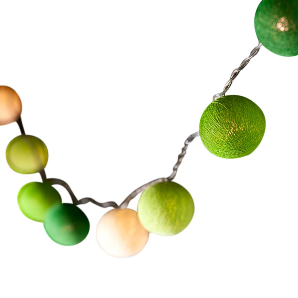 Blaze On Ambient Ball Fairy Lights (Green Tones) – 20 Warm White LED Lights – Hand–Spun Cotton Balls – USB Powered and Includes UK 3–Pin USB Adapter – Indoor Decorative String Lights