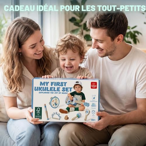 Lehoo Castle Children's Guitar 2 3 Years with Musical Instruments, Wooden Ukulele with Tambourine, Flute, Maracas and Rattle, Montessori Educational Musical Toy Games