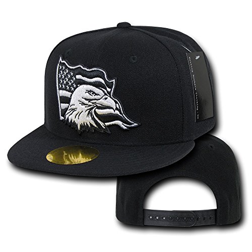 USA Flag and American Eagle Embroidered Flat Bill Snapback Cap - Black