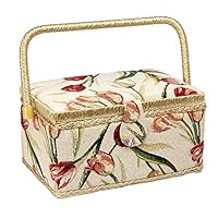 Sewing Basket with Tulip Floral Print Design- Sewing Kit Storage Box with Removable Tray, Built-in Pin Cushion and Interior Pocket - Medium - 11" x 7" x 5.5" - by Adolfo Design