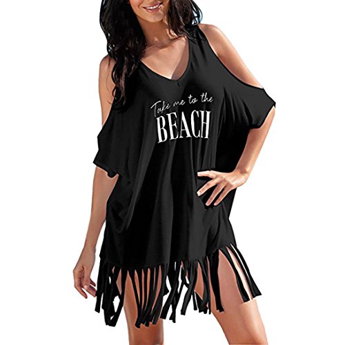Meyerlbama Womens Dress, Tassel Letters Print Baggy Swimwear Loose Bikini Cover-UPS Beachwear (XL, Black)