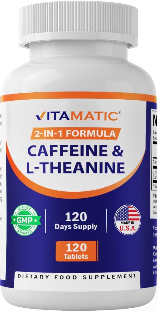Vitamatic L-Theanine 200mg with Caffeine 100mg 120 Vegetarian Tablets - Nootropic Supplement for Focused Energy