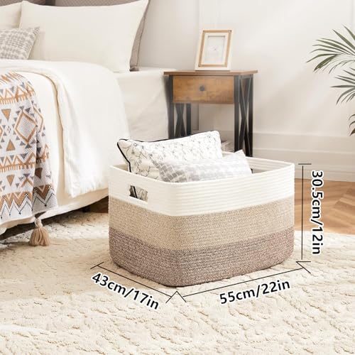 NUIO Canastas Organizadoras, Cesta de Manta Grande 55x43cm, Organizador de Pañales para Bebe, Cesta de Manta de Cuerda de Algodón para Sala de Estar, Lavandería, Guardería, Almohadas (khaki)