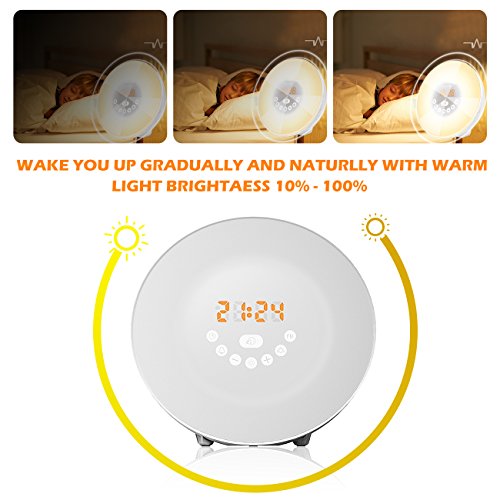 Mosche Sunrise Alarm Clock, Digital Clock, Wake Up Light with 6 Nature Sounds, FM Radio and Touch Control (Wood White)