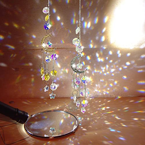 3 PCS Crystal Sun Catchers -13 Inch Hanging Suncatcher with Chain , Star Moon Crystals Prisms Pendant Light Catchers Beads,for Window Home Garden Christmas Day Party Wedding Decoration