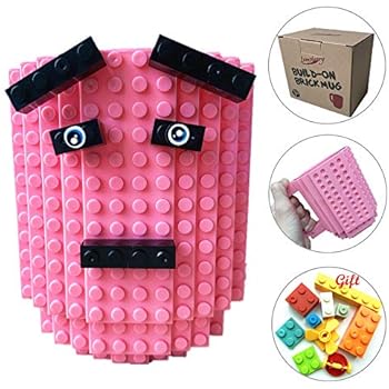 Build-on Brick Coffee Mug, Funny DIY Novelty Cup with Building Blocks Creative Gift for Kids Men Women Xmas Birthday (Pink)