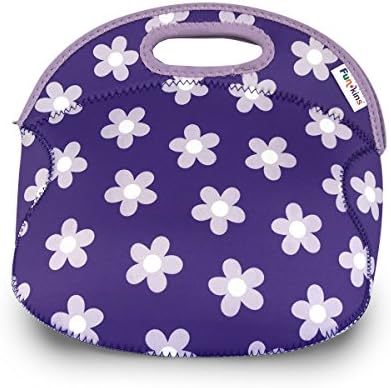 FUNKINS Washable, Insulating Neoprene Lunch Bag for kids, Extra Spacious for Reusable Containers, PURPLE FLOWERS