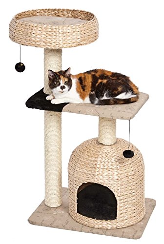 MidWest Homes for Pets Cat Tree | Nest Cat Furniture, 3-Tier Cat Activity Tree w/ Sisal Wrapped Support Scratching Posts & Dangle Play Balls, Woven Rattan & Script Medium Cat Tree