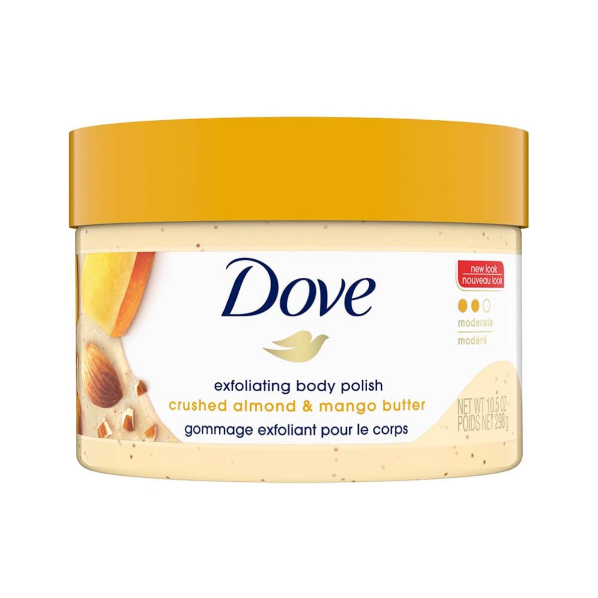 Dove Exfoliating Body Polish Scrub For Dry Skin With Crushed Almond & Mango Butter, Gently Exfoliates & Moisturizes To Reveal Instantly Soft, Smooth & Healthy Skin, Fruity Scent, 298g