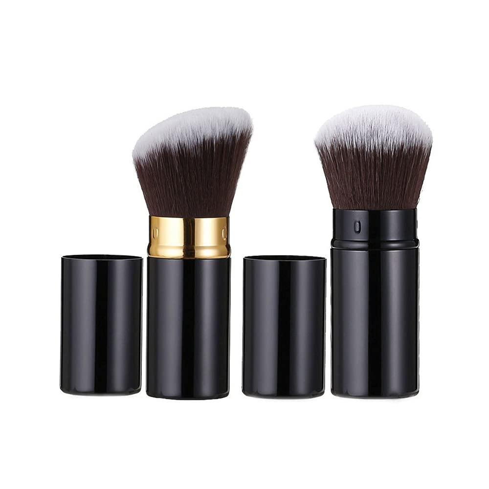TOFBS 2 Pieces Retractable Kabuki Makeup Brush, Angled ＆ Round Face Brush, Professional Powder Brush, Portable Blusher Brush, Travel Makeup Brush for Applying Foundation, Powders and Mineral Cosmetics