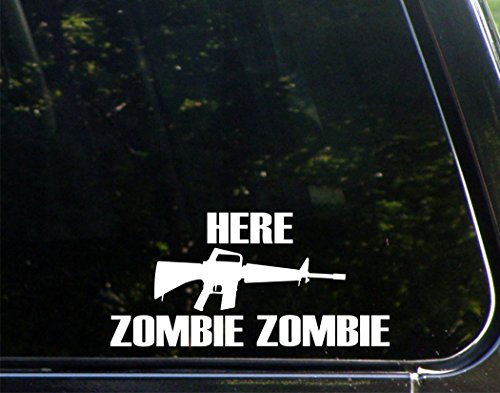 Here Zombie Zombie - 8"x 3 3/4" - Vinyl Die Cut Decal / Bumper Sticker For Windows, Trucks, Cars, Laptops, Macbooks, Etc.