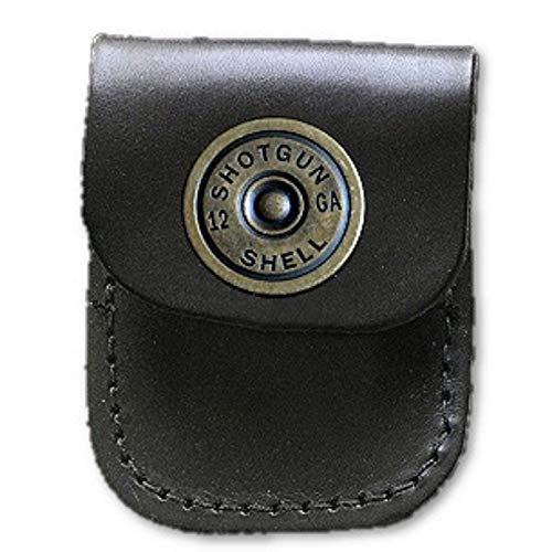 Lighter Belt Case Black Leather with 12 Gauge Shotgun Shell Brass Snap Fastener