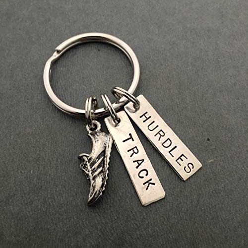 RUN TRACK HURDLES Key Chain - Running Shoe Charm and Hand Stamped TRACK and HURDLES Pendants on Round Key Ring