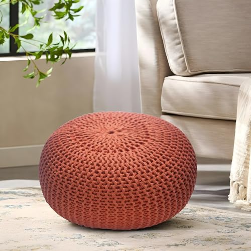 Eminence Home Large Round Pouf 50x50x40cm, Hand Knitted Cable Knit Bean Bag, Cord Boho Pouffe for Living Room, Bedroom, Nursery, Patio, Lounge, Rust.