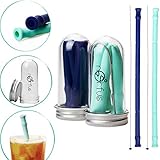 Norfus 10 Inch Reusable Collapsible Silicone Straws with Case and Foldable Cleaning Brush (2 Pack - Blue and Cyan)