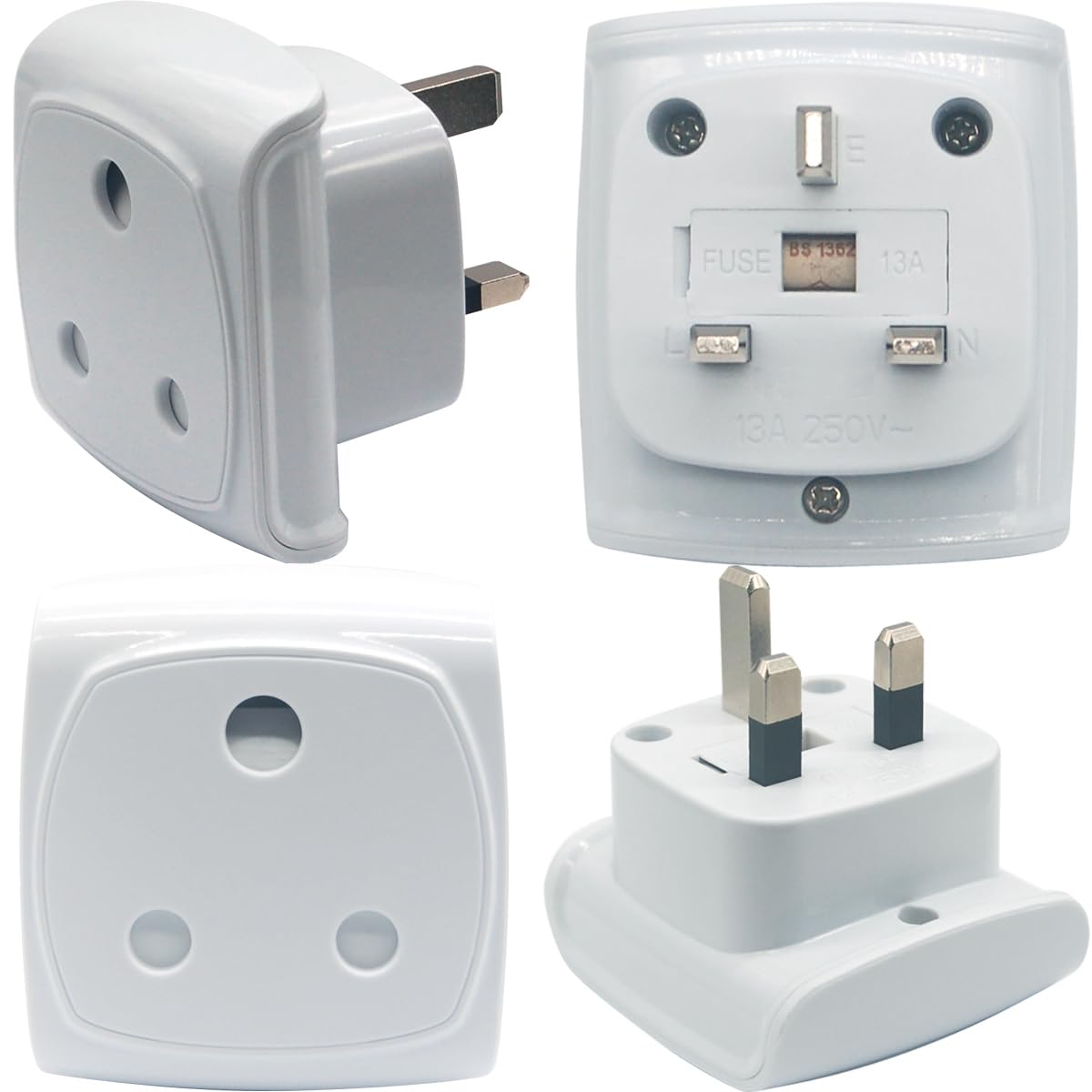 South Africa Plug Type M (NOT for Indian Type D plug) Adapter Convert to UK Socket, BS 8546 Approved, Safety Protection Design, Flame Proof, 13A Fuse with Safety Shutter (4 Pieces White)