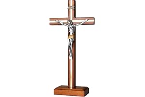 KUXBET Standing Crucifix Cross with Detachable Stand 10.6 Inch Catholic Wooden Jesus Christ Wall Hanging Cross for Home Decor - Antique Gold