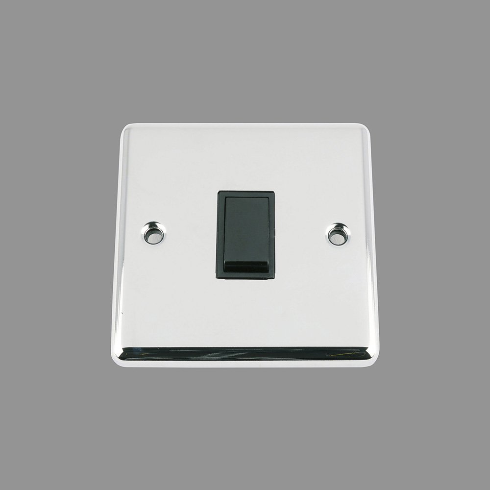 Light Switch 1 Gang - Polished Chrome - Classic - Black Insert Plastic Switch - 10 Amp Single 1 Gang 2 Way