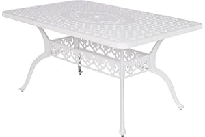 VIVIJASON Outdoor Patio Dining Rectangle Table White Cast Aluminum Rustic Large Patio Table with 2" Umbrella Hole for Garden, Backyard, Deck