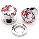 PiercingJ Mens Womens Pair Punk Stainless Steel Screw Tunnels Ear Expander Stretcher Piercing Gauge (Chinese Peony)