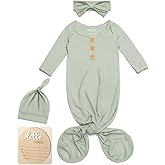 Baby Noah Newborn Knotted Gown, Ultra-Soft Silky Long Sleeve Sleeper, Unisex Coming Home Outfit Set With Wooden Name Sign