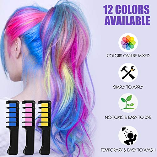 VSADEY 12 Color Hair Chalk for Girls Kids, Temporary Hair Chalk Color Comb with Shawl, Non-Toxic Washable Glitter Hair Color Kit for Makeup Party Cosplay Halloween Christmas Gift for Girls Kids Adult