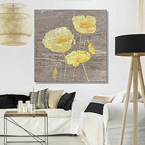 Square Canvas Wall Art - Yellow Poppy Wood Effect Canvas - Giclee Print Gallery Wrap Modern Home Art Ready to Hang - 12x12 inches