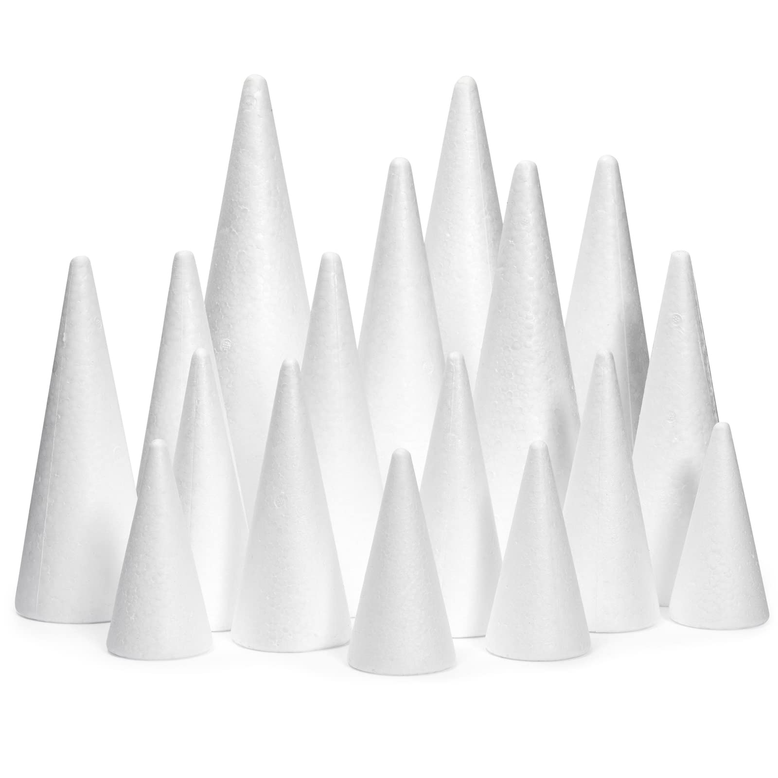 Photo 1 of 18 Pack Foam Cones for Crafts, 5 Assorted Sizes for Trees, Holiday Decorations, Handmade Gnomes (White, 4,6,8,10,12")