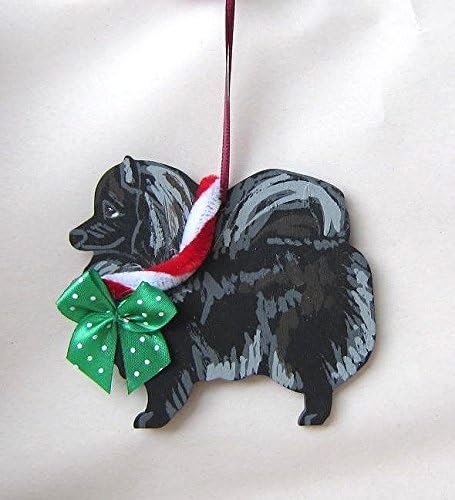Hand-Painted POMERANIAN BLACK w/Bow Wood Christmas Ornament Artist Original