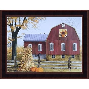 Home Cabin Décor Autumn Leaf Quilt Block Barn by Billy Jacobs 15x19 Barn Pumpkins Corn Stalks Fall Folk Art Country Primitive Print Framed Picture