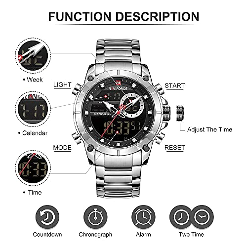 NAVIFORCE Luxury Stainless Steel Analog Digital Watch Waterproof Sports