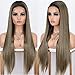K'ryssma Lace Front Wig Brown Ombre Synthetic Wigs with Dark Roots Natural Hairline Silk Straight 22 inches Long Brown Wig for Women