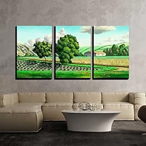 3 Piece Canvas Wall Art - Italian Rural Landscape. Original Digital Painting. - Modern Home Art Stretched and Framed Ready to Hang - 16"x24"x3 Panels