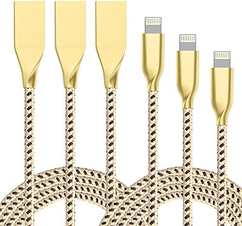 Firodo Lightning Cable,3Pack 3FT 6FT 10FT Nylon Braided Cord Metal Shell iPhone Cable Certified to USB Charging Charger for iPhone 7/7 Plus/6/6 Plus/6S/6S Plus,SE/5S/5,iPad,iPod Nano 7 (Gold Black)