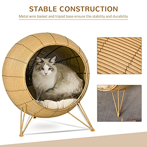PawHut 20.5" Natural Rattan Cat Bed, Wicker Elevated Round Condo for