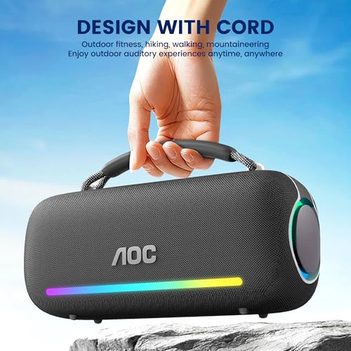 AOC ACS6311 Bocina Bluetooth Portatil 80W, Varias Luces RGB, Bluetooth 5.3 Altavoz Inalámbrico, Sonido Estéreo HD, 4000Mah Tiempo de Espera Ultralargo IPX5 función, Ideal para Viajar, Campear, Negro
