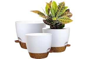 UOUZ 10/9/8 inch Self Watering Pots, Set of 3 Plastic Planters with Mesh Drainage Holes and Deep Reservoir for Indoor Outdoor Garden Plants and Flowers, White with Brown