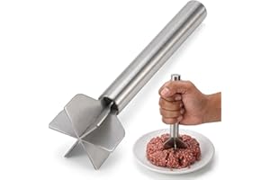 304 Stainless Steel Meat Masher, Ground Beef Chopper Tool, 9.8 Inch 6-Blade Hamburger Smasher, Dishwasher Safe Metal Potato M