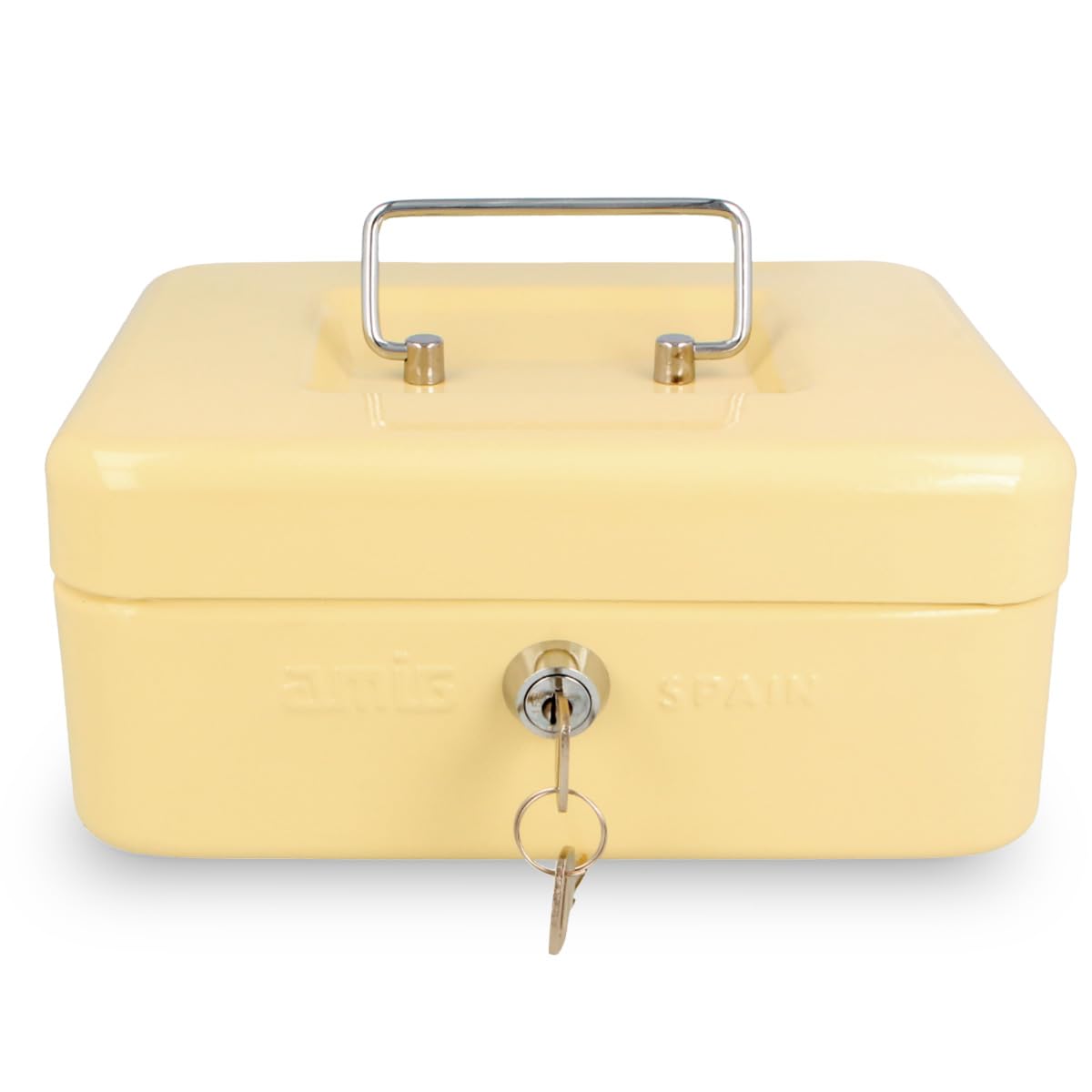 Amig - Cash Box with Removable Coin Compartment | Nickel-Plated Safety Lock | Durable Steel Construction | Ideal for Shops and Offices, Ivory, Alloyed Steel | 200 x 160 x 70 mm
