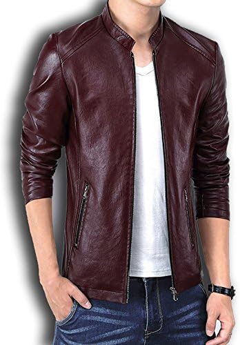 Wolfhowl Winter PU Leather Men Jacket Standing Collar Jackets Coat Wine Red US S