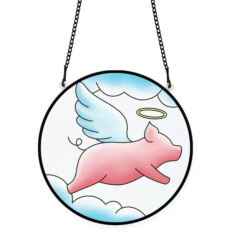 PLIGREAT Suncatchers Flying Pig Acrylic Stained Glass Sun Catcher Summer Hanging Ornament for Bedroom Living Room Patio Wall Pediments Window Decoration Garden Tree Decor Housewarming Memorial Gifts