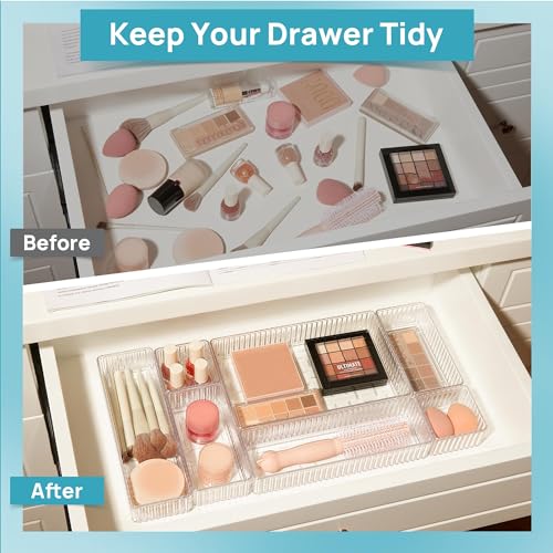 Uniiking® 7 PCS Clear Drawer Organizer Bins, 4-Size Stackable Makeup and Vanity Makeup Organizer Trays, Acrylic Bathroom Drawer Storage Containers for Cosmetic, Office Supply