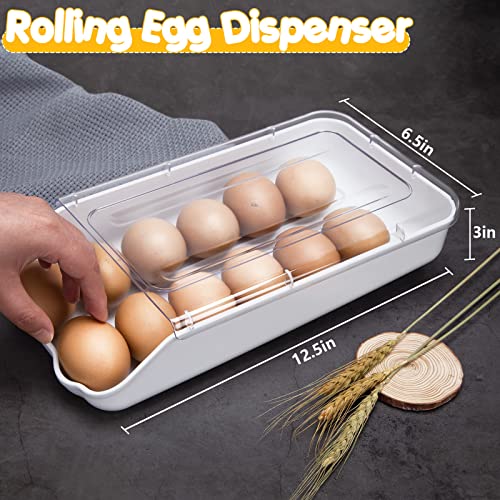 HANSGO Egg Holder for Refrigerator, Automatic Rolling Egg Dispenser Egg Storage Box with Lid 14 Count Egg Organizer for Kitchen Refrigerator