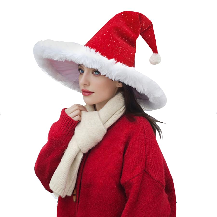 haozaikeji Santa Hats for Women Ladies Classic Red Velvet Santa Claus Hat Sparkly Christmas Witch Hat Wide Brim Plush Xmas Hats for Christmas New Year Festival Party