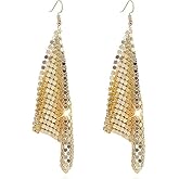 Trendy Women Earrings Metal Mesh Grid Sequins Tassel Long Drop Dangle Earrings for women（gold）