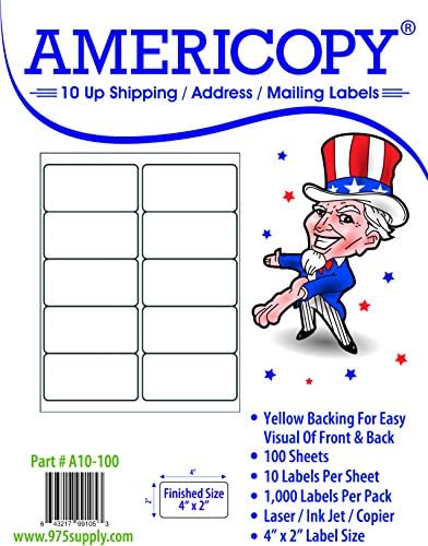 Americopy 10 Up Shipping and Mailing Labels, 4 x 2 inches, 1000 Labels